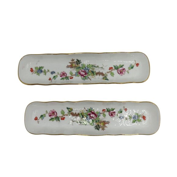 Pair Of Pagoda Crown Staffordshire England Bone China Floral Pen Holders Gold Tr - Picture 3 of 10